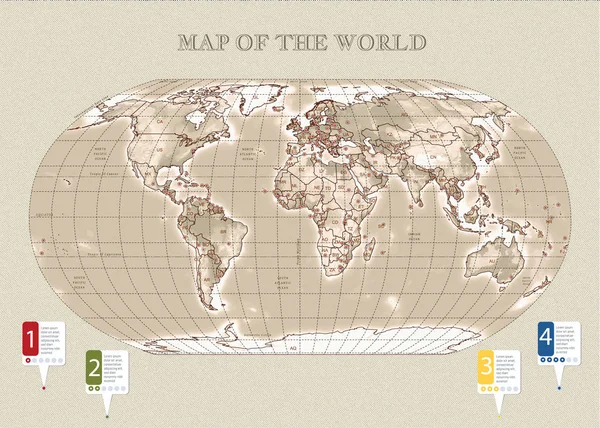 Φυσική Vecror Χάρτης Του Κόσμου Περιγράμματα Μεγάλες Πρωτεύουσες Σέπια Infographic — Διανυσματικό Αρχείο