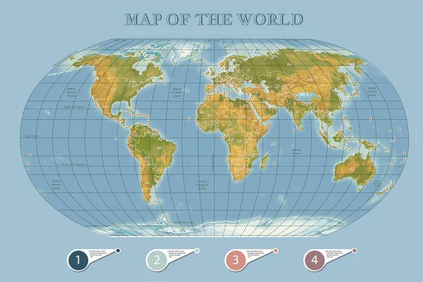 Mapa Vecror Físico Color Del Mundo Con Contornos Capitales Principales — Archivo Imágenes Vectoriales