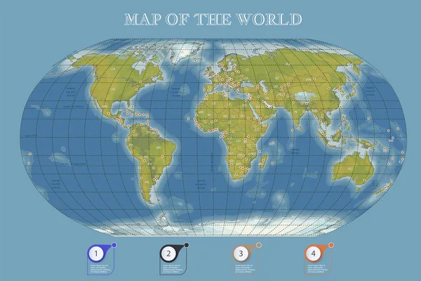 Färg Fysiska Vecror Karta Världen Med Konturer Stora Huvudstäder Rutnät — Stock vektor