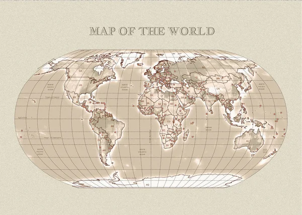 Fysiska Vecror Karta Världen Med Konturer Stora Huvudstäder Sepia — Stock vektor