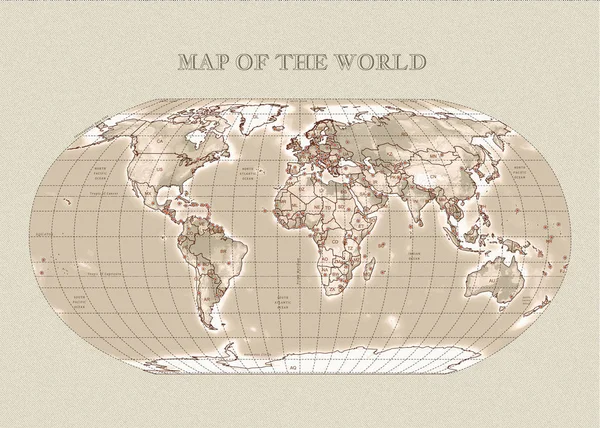 Mappa Vettoriale Fisica Del Mondo Con Contorni Capitali Principali Seppia — Vettoriale Stock