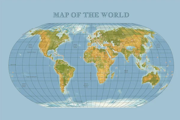 Mappa Vettoriale Fisica Colori Del Mondo Con Contorni Capitali Principali — Vettoriale Stock