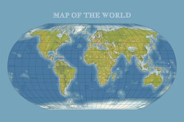 Mapa Vecror Físico Color Del Mundo Con Contornos Capitales Principales — Archivo Imágenes Vectoriales