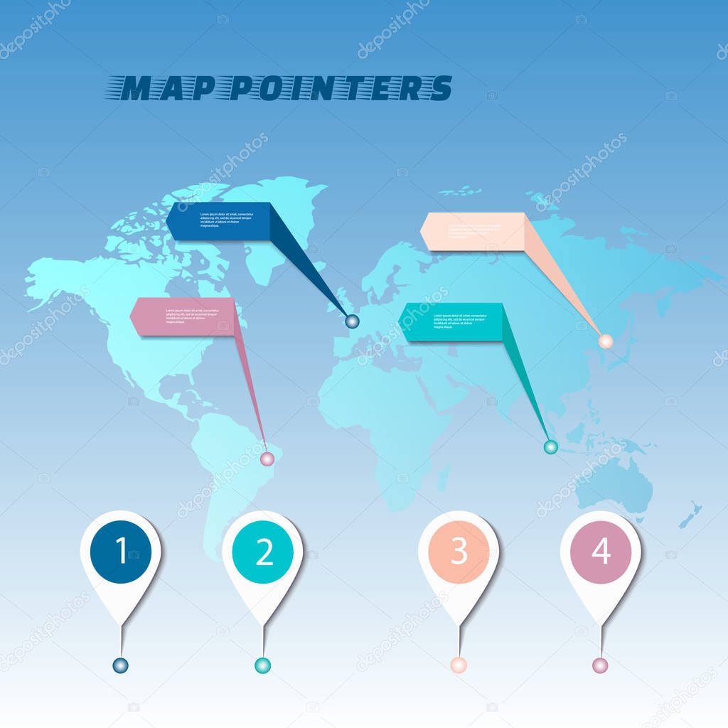 Collection of location and navigation icons on world map