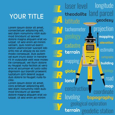 Geodetic ölçüm donanımları, mavi arka planda kara araştırması afiş için mühendislik teknolojisi. Toplam istasyon simgesi izole et