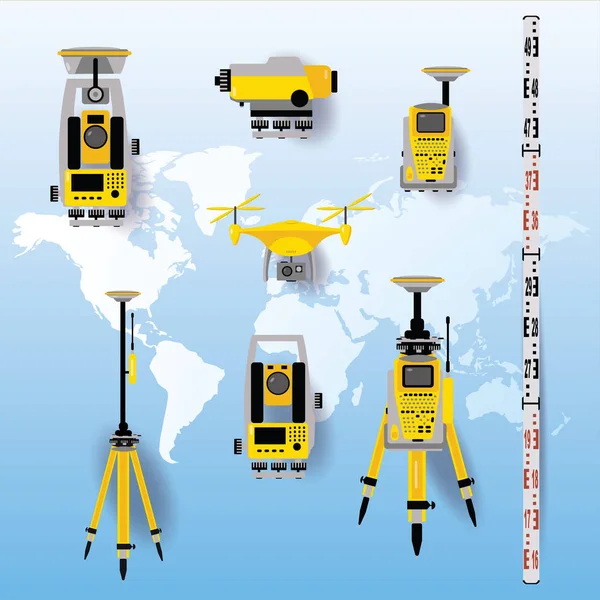Geodetic ekipman vektör illüstrasyon. Düz tasarımlı ölçme aletleri. Theodolite, tacheometer, toplam istasyon, drone, seviye, Dünya Haritası mavi arka planda izole harita kroki.