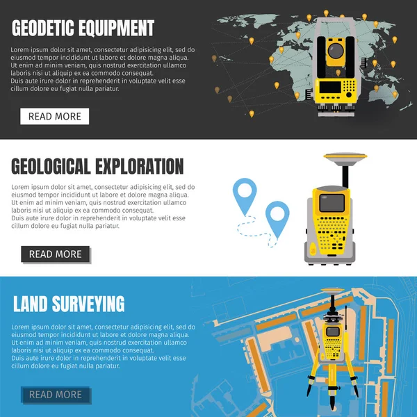 Ensemble Bannières Équipement Mesure Géodésique Technologie Ingénierie Pour Arpentage Géodésie — Image vectorielle