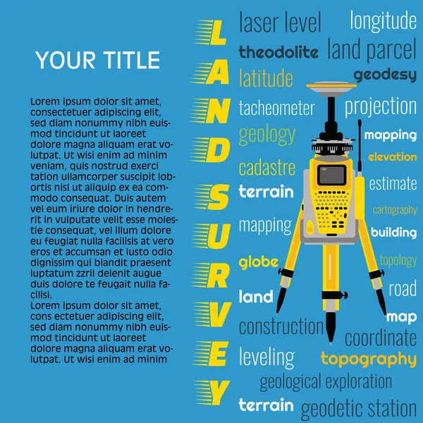 測地測定機器、青色の背景に土地調査バナーのためのエンジニアリング技術。トータルステーションの孤立アイコン — ストックベクタ
