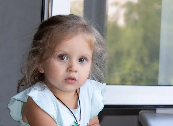 Portret Van Een Kleine Mooie Blonde Zit Bij Het Raam — Stockfoto