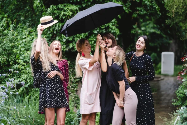 Sei ragazze con un ombrello — Foto Stock