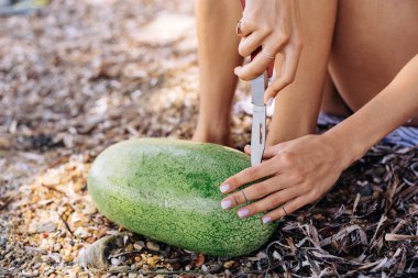 Güzel bir genç kadın Close-up karpuz keser