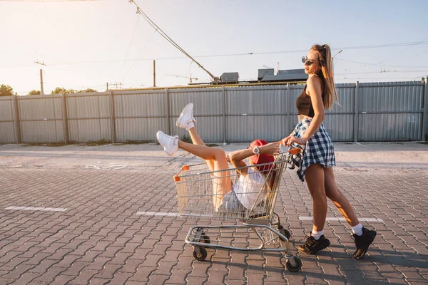 这个女孩把她的朋友放在篮子里 — 图库照片