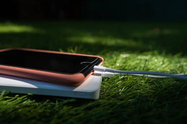 Smartphone ini pengisian dari powerbank di rumput — Stok Foto