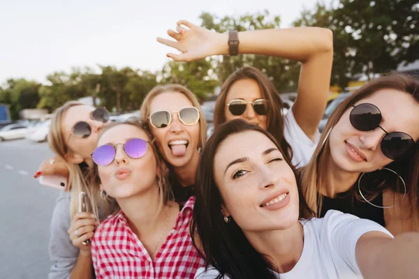 Seis chicas hermosas jóvenes mirando a la cámara y tomando una selfie —  Fotos de Stock