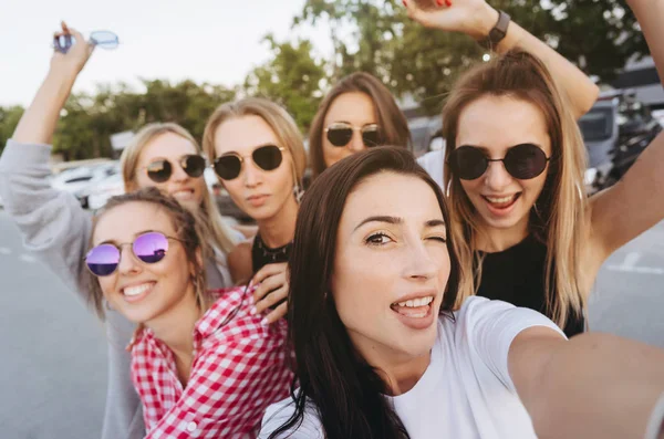 Šest mladých krásných dívek se dívá do kamery a dělá selfie — Stock fotografie