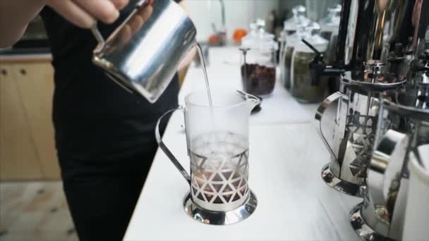 Barista fazendo chá na imprensa francesa, vista de perto — Vídeo de Stock