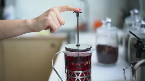 Χέρι μειώνει το έμβολο του τσαγιέρα με το τσάι — Αρχείο Βίντεο