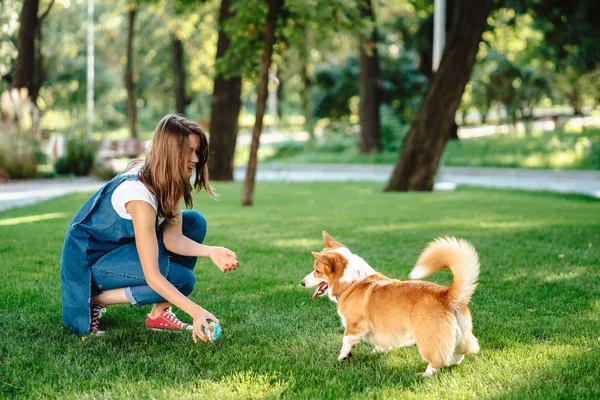 Retrato de mujer con perro Galés Corgi Pembroke en parque de perros — Foto de Stock