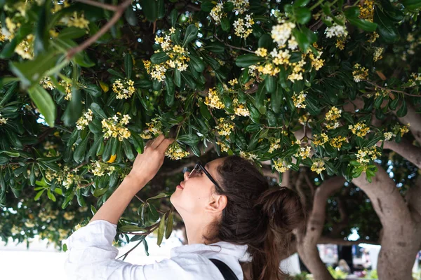 Beautiful woman smelling trees flowers. Spring time — Stock Photo, Image