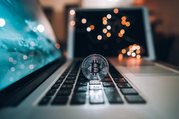 Macro shot of Bitcoins coins on laptop Royalty Free Stock Photos