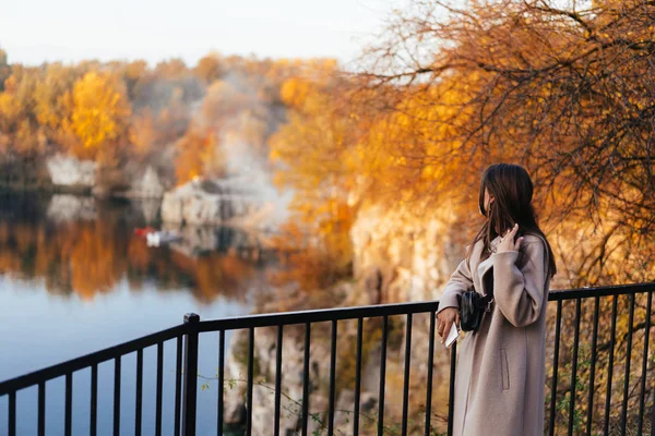 Mulher elegante bonita de pé em um parque no outono — Fotografia de Stock