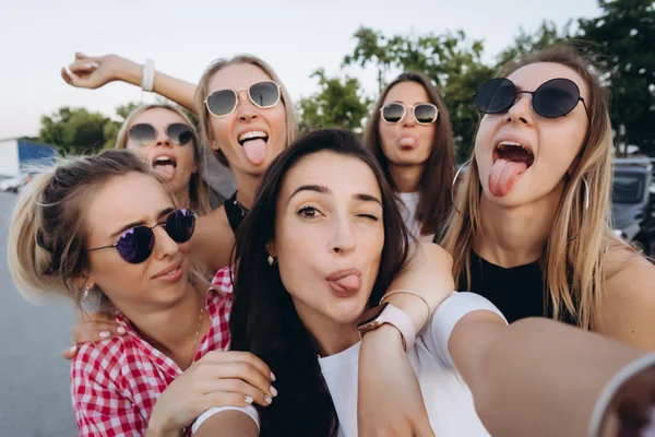 Seis chicas hermosas jóvenes mirando a la cámara y tomando una selfie —  Fotos de Stock