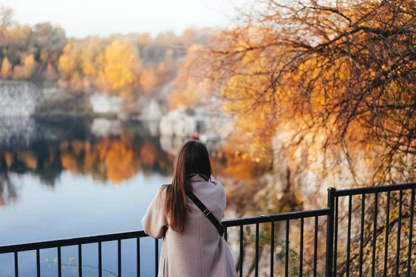 Otoño chica de pie hacia atrás y viendo la naturaleza . — Foto de Stock