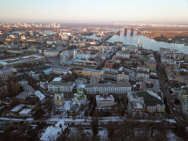 Aerial drone footage. Panorama of podil in kiev