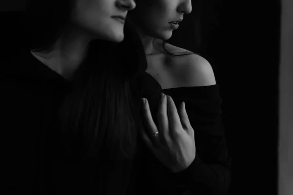 黒い髪を持つ 2 つの美しい女の子の黒と白のファッション写真 — ストック写真
