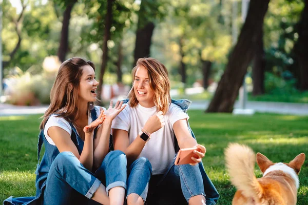 Amigos sinceros sentados no parque conversando uns com os outros. — Fotografia de Stock