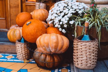 Kabaklar ve çiçeklerle bir Avrupa şehri bir sokakta sonbahar dekorasyon