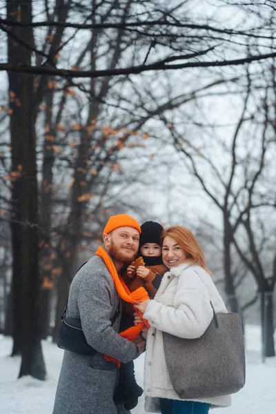 Papà mamma e bambino nel parco in inverno — Foto Stock