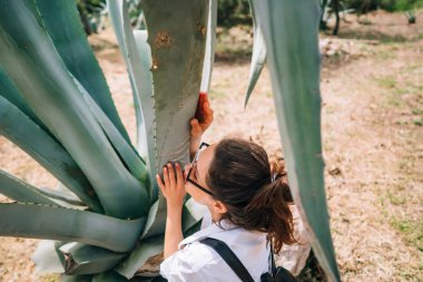 Büyük aloe vera yaprakları poz mutlu güzel kızın arkadan görünüm