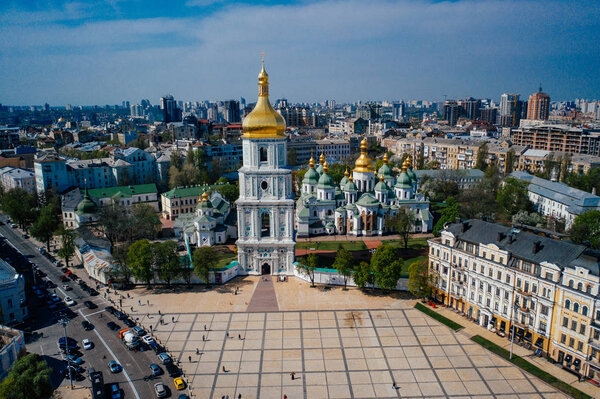 KIEV, UKRAINE - MAY 2019. Panoramic Aerial view of Saint Michael cathedral.