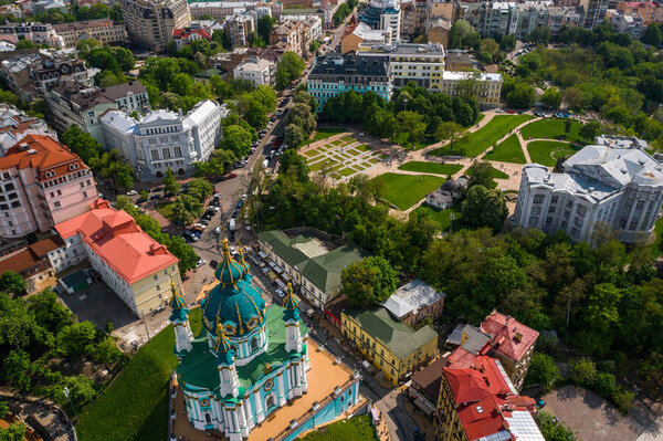 Aerial top view of Saint Andrews church from above