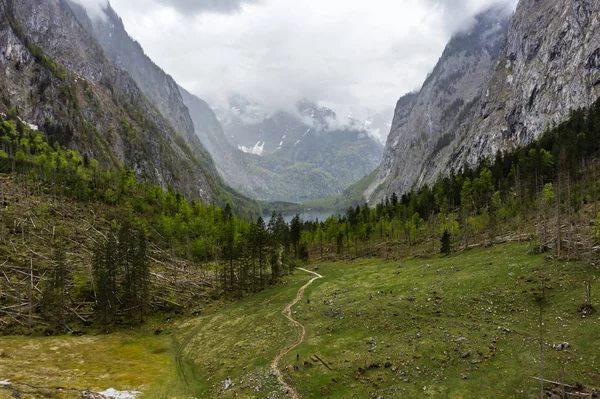 Yeşil çayırları ve pastoral turkuaz Gölü Oberer ile doğal dağ panoraması — Stok fotoğraf