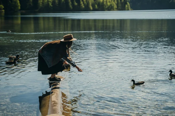 Jeune belle fille nourrit un canard au bord du lac — Photo