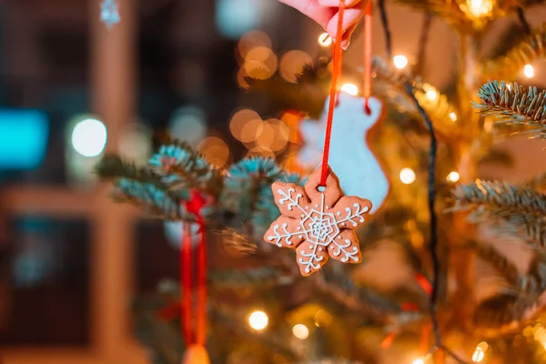 Árbol de Navidad decorado con galletas de jengibre y guirnalda —  Fotos de Stock