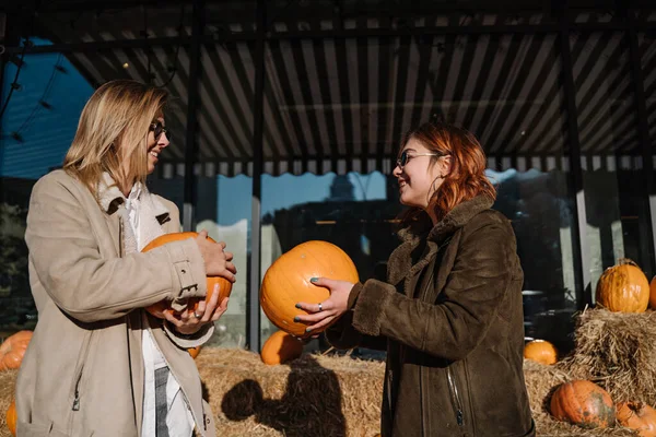 Girls holds pumpkins in hands. Outdoor photo. — Stockfoto