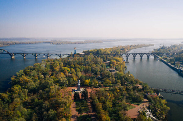 View over the Dnieper River in Kiev. Aerial drone view.