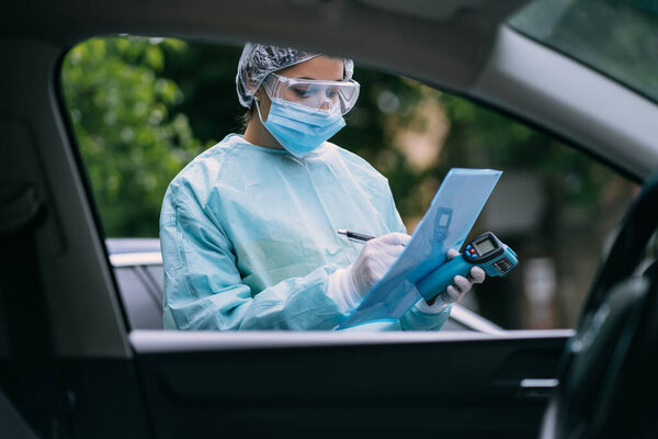 Nurse wears a protective suit and mask during the COVID19 outbreak.