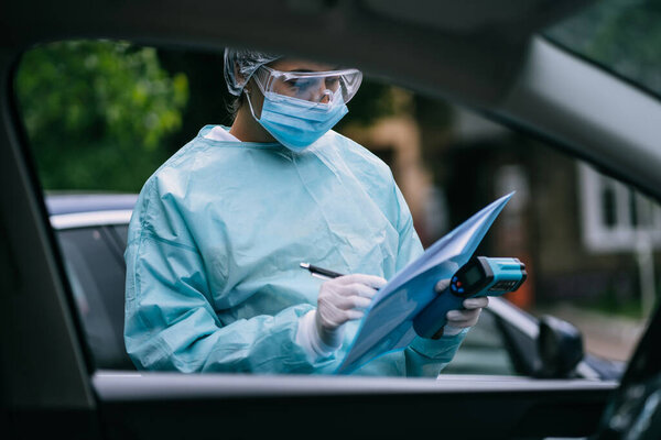 Nurse wears a protective suit and mask during the COVID19 outbreak.