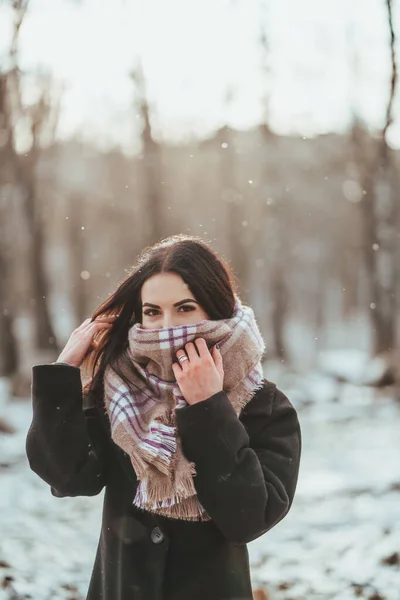 Fiatal gyönyörű modell pózol a téli erdőben. stílusos divat portré — Stock Fotó