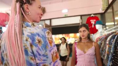 İki arkadaş şık bir alışveriş günü geçirir. Şehre doğru yürürken canlı kıyafetlerini gösterirler.
