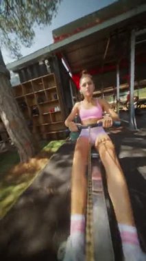 Kendini adamış bir birey, canlı bir spor salonunda kürek çekme makinesinde coşkuyla egzersiz yapıyor.