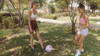İki yakın arkadaş, canlı yeşil bir parkta futbol becerilerinin tadını çıkarıyor ve pratik yapıyorlar.