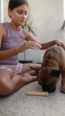 Neşeli bir kadın Fransız Bulldog 'uyla şakalaşıyor, açık havada sevgi ve arkadaşlık gösteriyor.