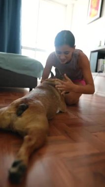 Parlak, rahat ve davetkar bir yaşam alanında bir kız sevgili köpeğine sevgi dolu evcil hayvanlar veriyor.