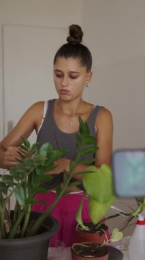 Ev bitkileriyle ilgilenen, optimum büyüme ve sağlık için etkili teknikler gösteren odaklanmış bir birey