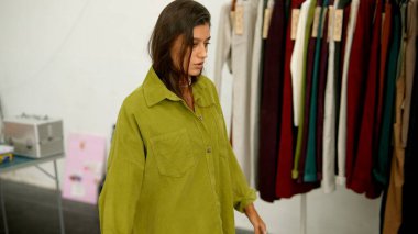 Şık, büyük, yeşil tişörtlü bir kadın zarif bir şekilde çeşitli giysi parçalarıyla dolu bir rafın yanında duruyor.